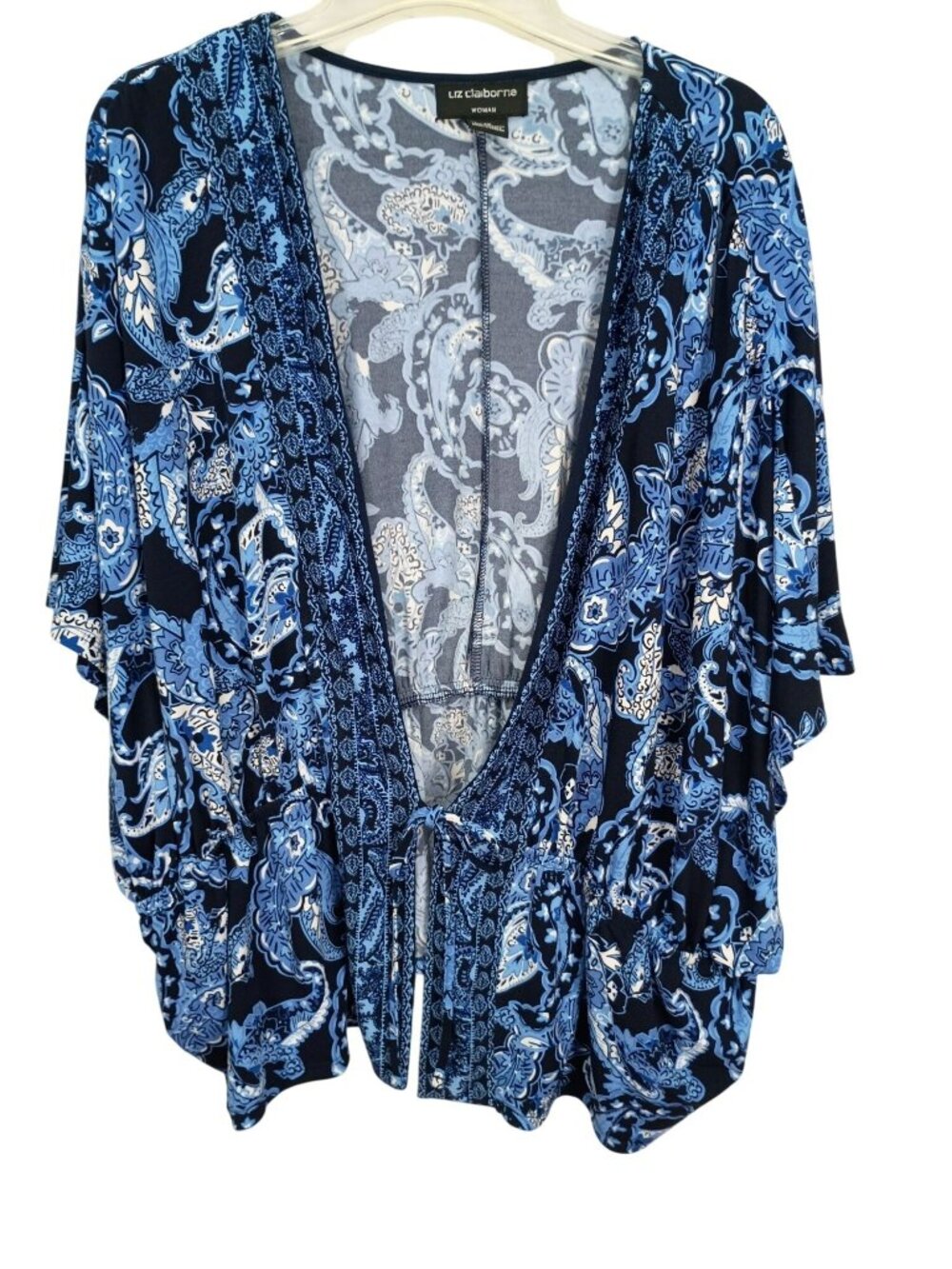 Liz Claiborne Womens 1X Paisley Blue Kimono Tie Front Lightweight Cover-Up